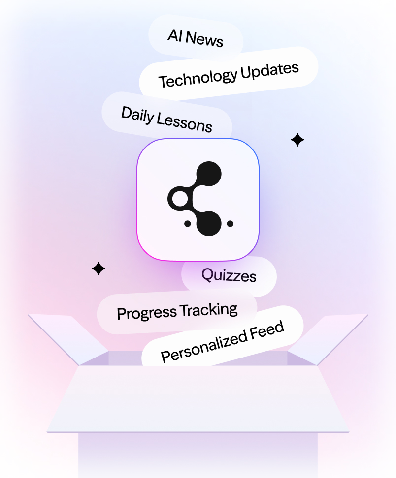 GreyMatter app capabilities: AI news, technology updates, daily lessons, quizzes, progress tracking, personalized feed