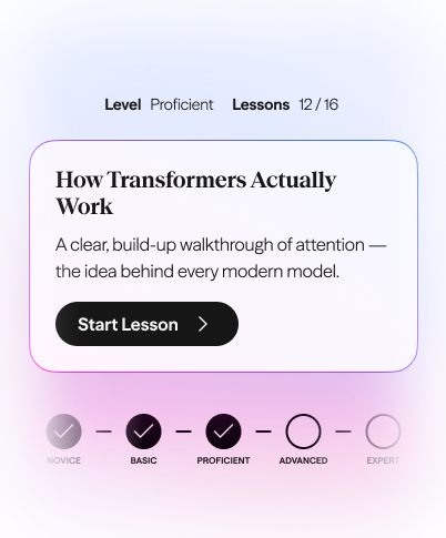 A GreyMatter lesson card, How Transformers Actually Work, with a 5-step level tracker showing progress from Novice to Expert