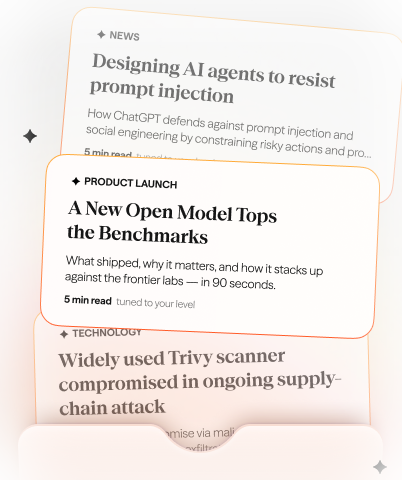 Stacked GreyMatter news cards: Designing AI agents to resist prompt injection, A New Open Model Tops the Benchmarks, Widely used Trivy scanner compromised in ongoing supply-chain attack
